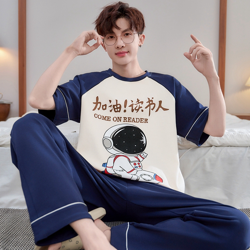 Pajamas for Boys, Summer Pure Cotton Short-Sleeved Long Pants, Spring and Autumn Style, Big Children's Cartoon Teenagers, Junior High School Students' Home Wear Set