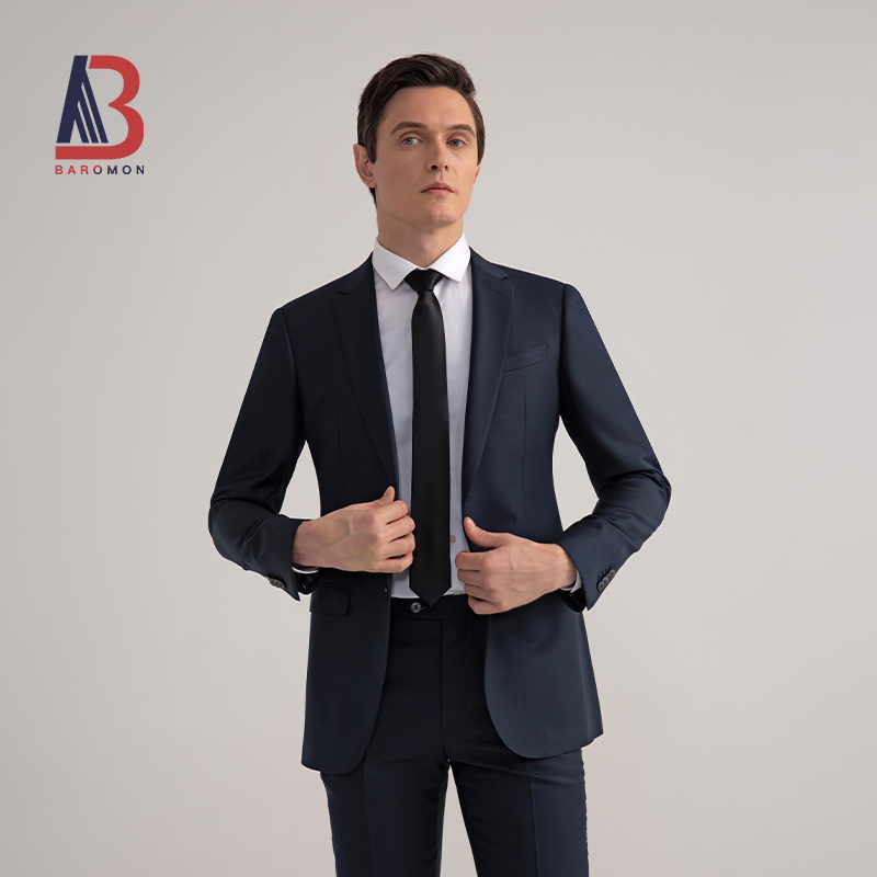 BAROMON 2021 four seasons new men's business slim suit Navy blue wool suit suit