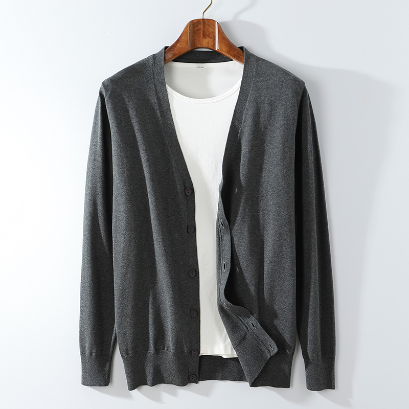 Tinh khiết bông dệt kim nam cardigan cổ chữ V mùa xuân cơ thể và mùa thu áo len mỏng áo khoác đơn giản màu Hàn Quốc phiên bản của quần áo dòng giản dị.