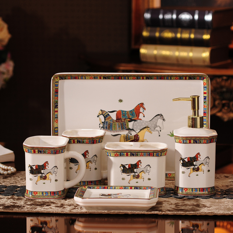 Ceramic Wash Suit Bathroom 5-5 pieces Toothbrush Holder Gargling Cup O-style toothpaste Tooth Brushing Cup with depository dish