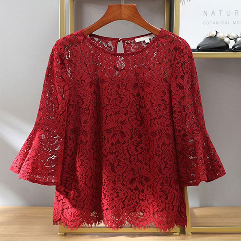 2026 Women's Spring and Autumn New Pullover Lace Base Shirt, Loose Hollow Crochet Round Neck Three-Quarter Flared Sleeve Top