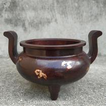 Antique bronze miscellaneous collection red leather touch gold craft Xuande furnace three-legged incense burner two-ear wire incense burner ornaments