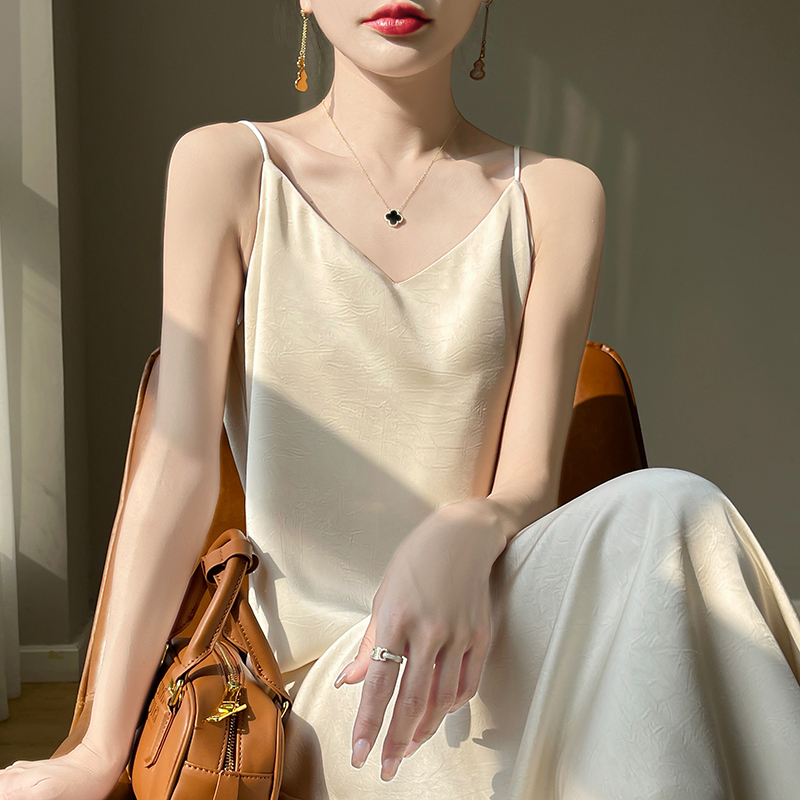 New Chinese-Style Retro Pleated Satin Slip Dress 2026 New Slim-Fit Over-The-Knee French Acetate Long Dress
