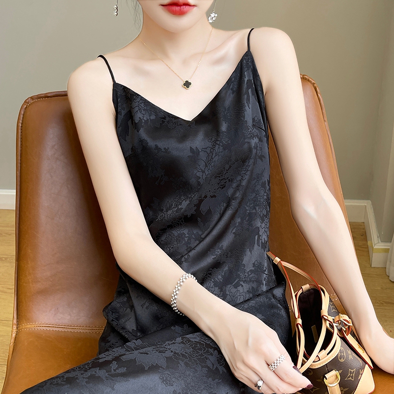 Unique and Beautiful French Black Silk Satin Suspender Dress Summer Slimming Look Texture Acetate Vest Long Skirt
