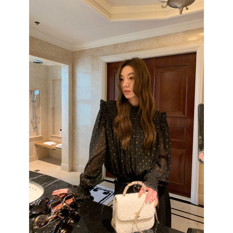 Gakee Official Gold-Plated Polka Dot Black Chiffon Shirt for Women, Spring and Summer, High-End, Loose and Fashionable Shirt Gakee Official Gold-Plated Polka Dot Black Chiffon Shirt for Women, Spring and Summer, High-End, Loose and Fashionable Shirt