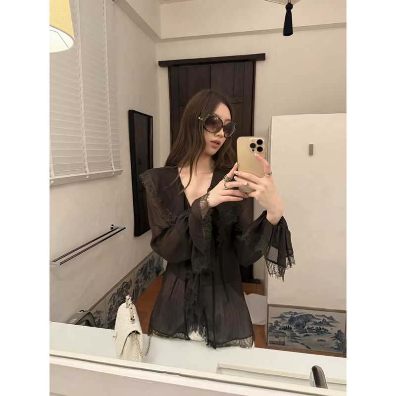 Gakee Official French Lace V-Neck Chiffon Shirt for Women Spring and Summer Textured Ruffled Shirt Gakee Official French Lace V-Neck Chiffon Shirt for Women Spring and Summer Textured Ruffled Shirt