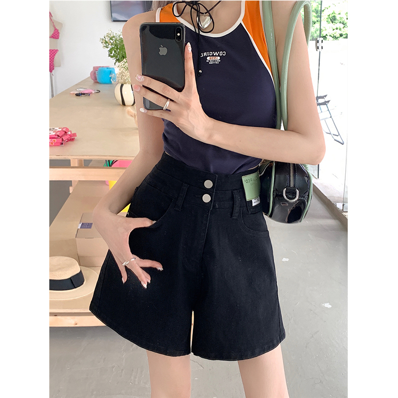 Yiyi Fairy Black High-Waisted Stretch Denim Shorts, Summer Loose Fit, Pear-Shaped Body, Tummy-Concealing, Slimming A-Line Shorts