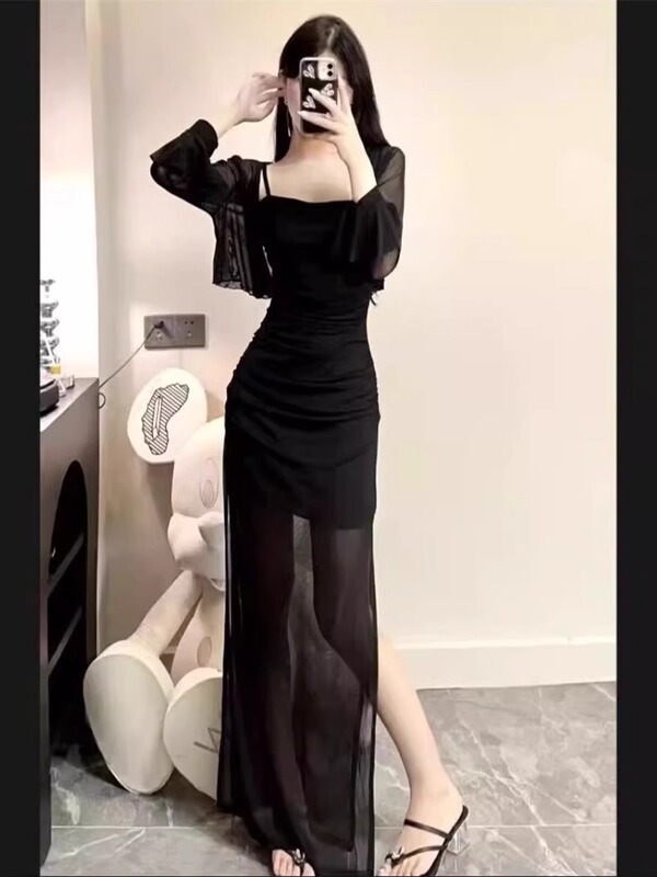 2024 New Style Mature and Elegant Black Chiffon with Suspender Dress and Sun Protection Cardigan Shawl for Women