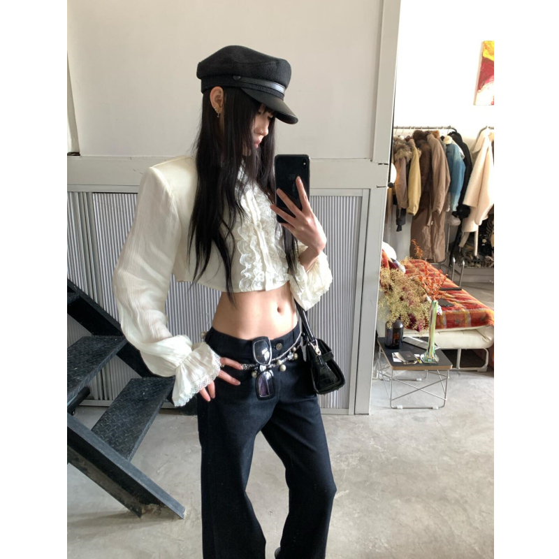 Pumpkin/Summer New Lace Patchwork Short Shirt for Women with Stand Collar, Long Sleeves, Regular Shoulders, White Crop Top Pumpkin/Summer New Lace Patchwork Short Shirt for Women with Stand Collar, Long Sleeves, Regular Shoulders, White Crop Top
