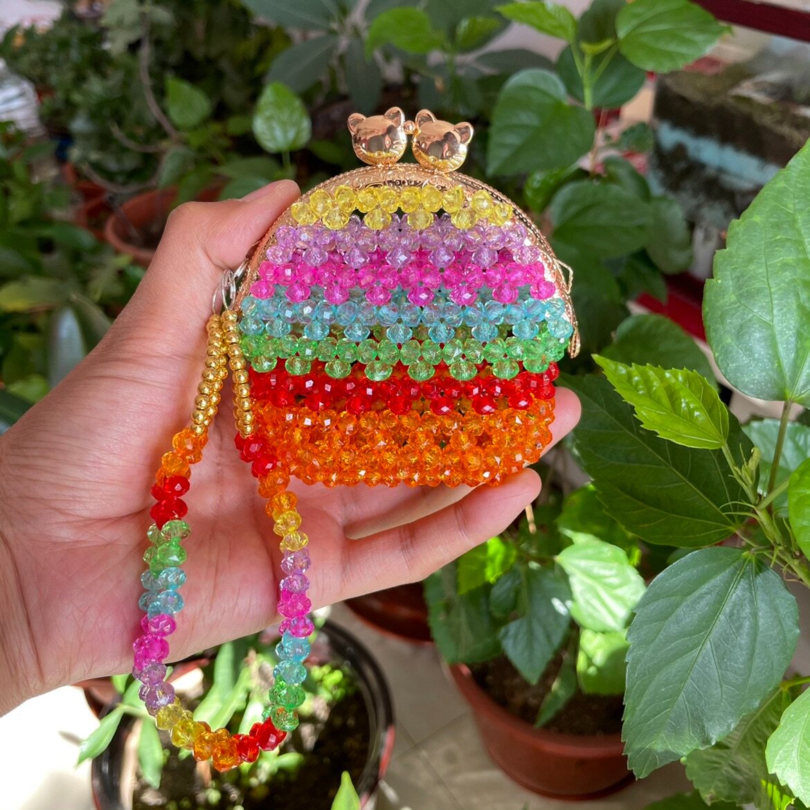 Finished handmade beaded imitation crystal cartoon coin purse for girls and children gift creative mouth gold bag cute