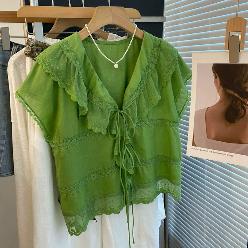 This Year's Trend~ Green Lace V-Neck Tie Short-Sleeve Shirt for Women, Summer Loose Fit, Slimming and Stylish Top