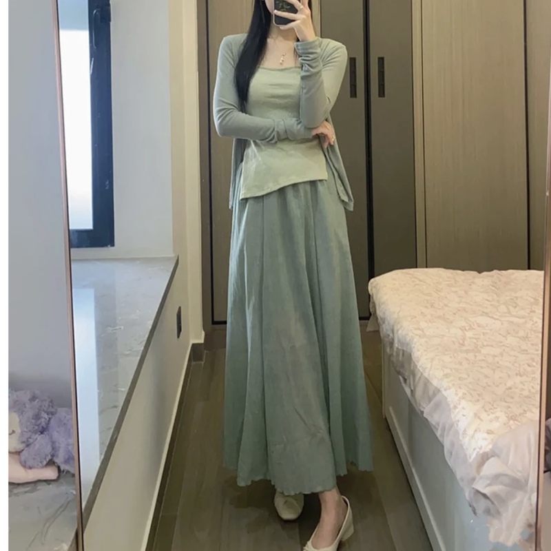 Angelia Forest Story Niche Cool Style Three-Piece Zen-Inspired Women's Clothing Set: Cardigan, Camisole Top, and Skirt