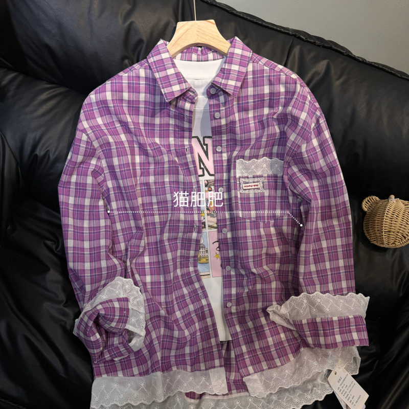 Real Shot of the New Spring Collection: Korean Style Loose and Versatile Long-Sleeved Pure Cotton Plaid Lace-Trimmed Purple Cartoon Kt Cat Jacket