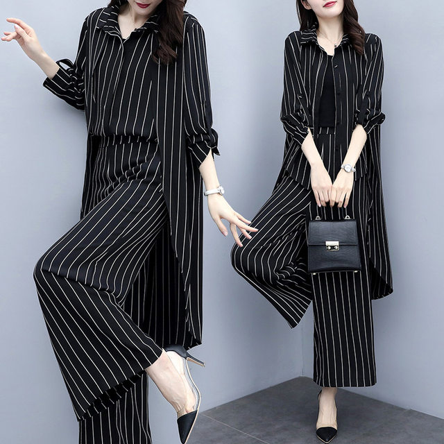 2023 spring new large size women's loose black striped cardigan two-piece casual fashion wide-leg pants suit