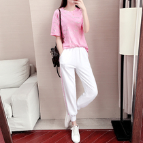 Hong Kong Fashion Sports Summer 2021 new Korean version of relaxed short - sleeved pink casual two pieces tide