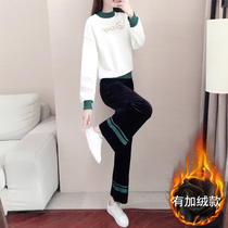 Hong Kong womens wide leg pants suit autumn and winter new fashionable foreign style casual sportswear fleece sweatshirt two-piece set
