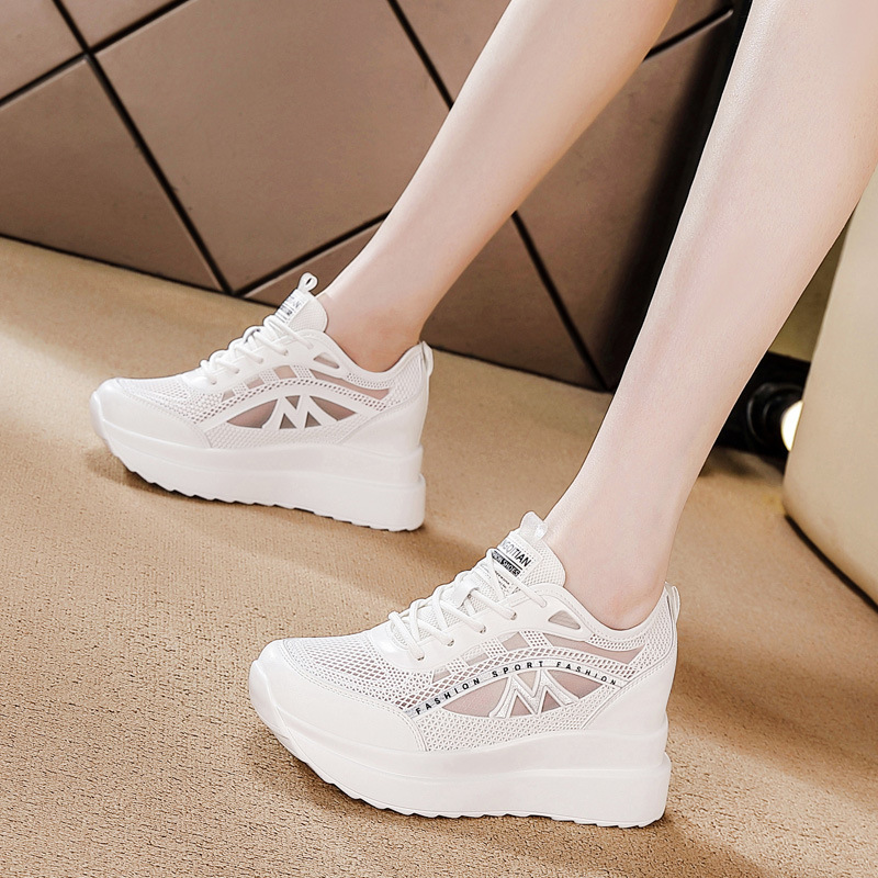Thick-Soled Height-Increasing 8cm 2026 Spring/Summer New Women's Hollow Mesh Breathable Soft-Soled Casual Shoes, Height-Enhancing White Sneakers
