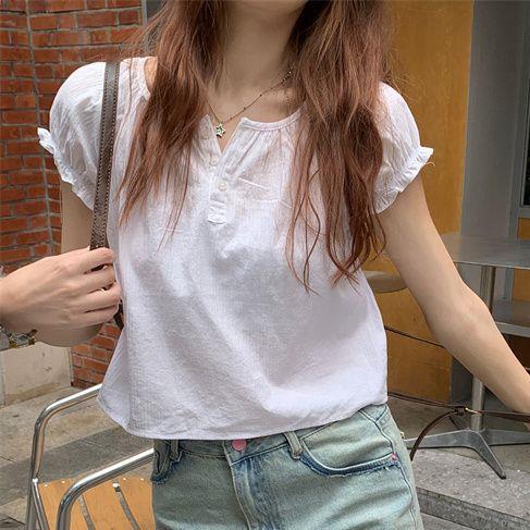 Trendy and Unique Puff Sleeve Ruffle Shirt for Women, New Summer Fashion, Stylish and Youthful Short-Sleeve Top for Students Trendy and Unique Puff Sleeve Ruffle Shirt for Women, New Summer Fashion, Stylish and Youthful Short-Sleeve Top for Students