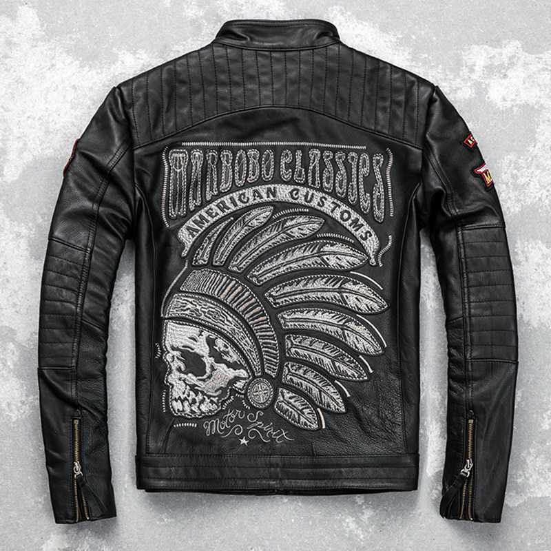 Harley leather men's head layer leather motorcycle collar locomotive suit slim jacket embroidered men's jacket