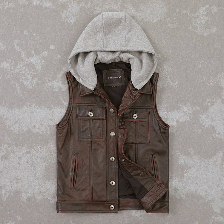 New Genuine Leather Vest Men's First-Layer Cowhide Retro Distressed Pure Leather Vest Hooded Denim Motorcycle Vest Trendy