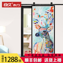 Cangjiu barn color carved door Nordic push-pull bedroom folding door bathroom indoor partition composite hanging rail deer
