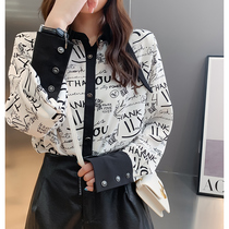 Top long flavor letter reduction shirt 10 long-sleeved spring and autumn Korean version of Hong Kong retro sense square collar female Korean design French niche