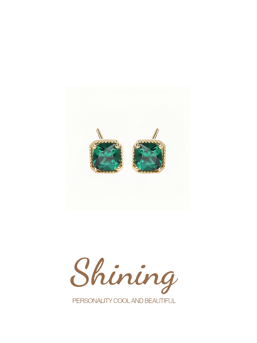 Fine work cutting Zum green jewel square ear nail 100 lapped with green geometric zircons Earrings Temperament Earrings-Taobao