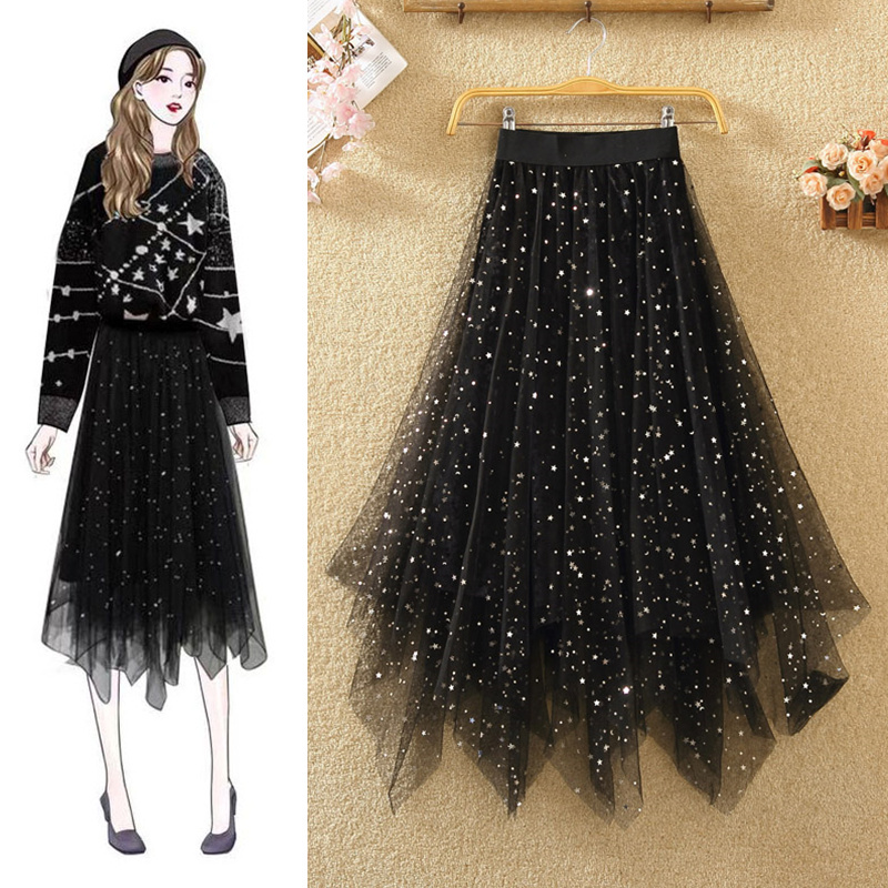 Irregular Velvet Mesh Skirt, Spring and Summer Women's Mid-Length Sequined Star Gauze Skirt, Spring Long Skirt with Sweater