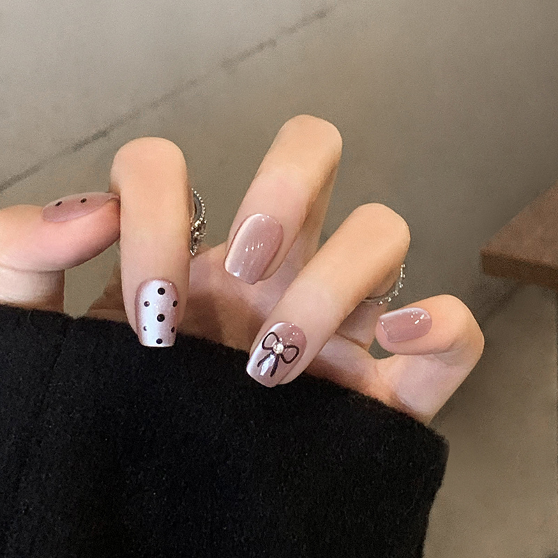 2025 New Moonlight Bow Handmade Short Press-On Nails, Super Brightening Nail Patches, Korean Style Ins
