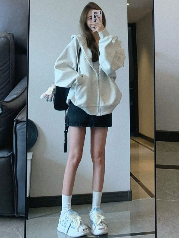 American-Style Gray and White Sweatshirt for Women, Thin Autumn Oversize Vintage Hooded Jacket, Loose and Casual Cardigan Top