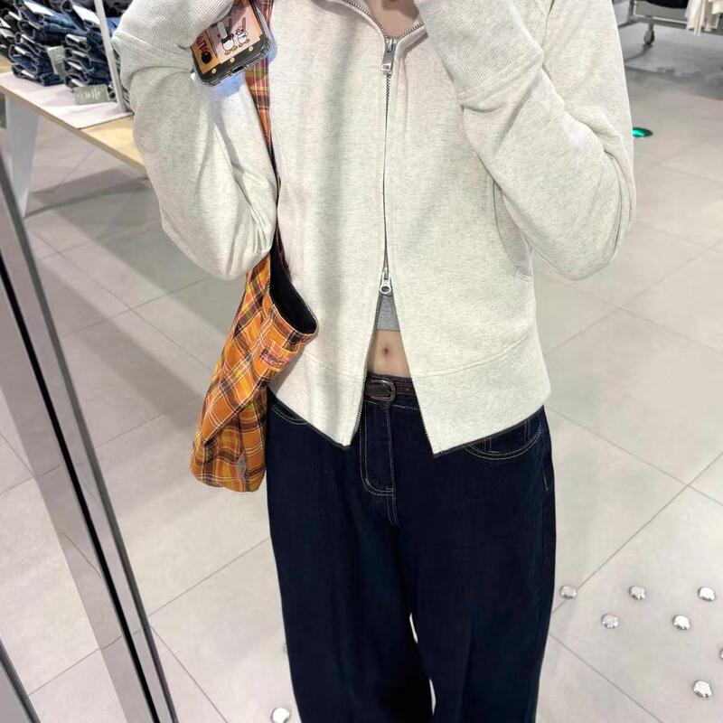 American-Style Gray Double-Zip Short Hooded Sweatshirt for Women, Autumn Thin Slim-Fit Zipper Sports Jacket Top