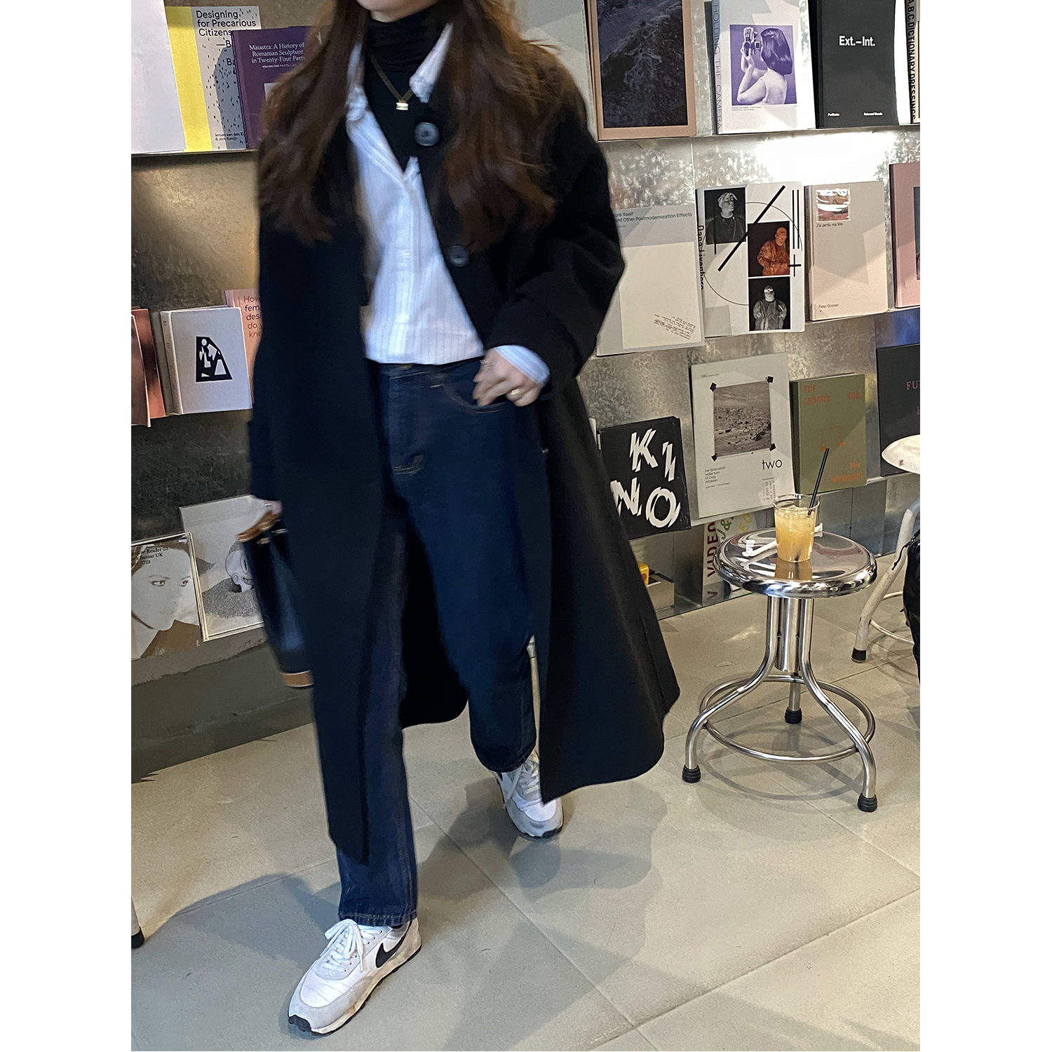 Black double-sided woolen and cashmere coat women's Korean style loose small autumn and winter over-the-knee thickened woolen coat coat