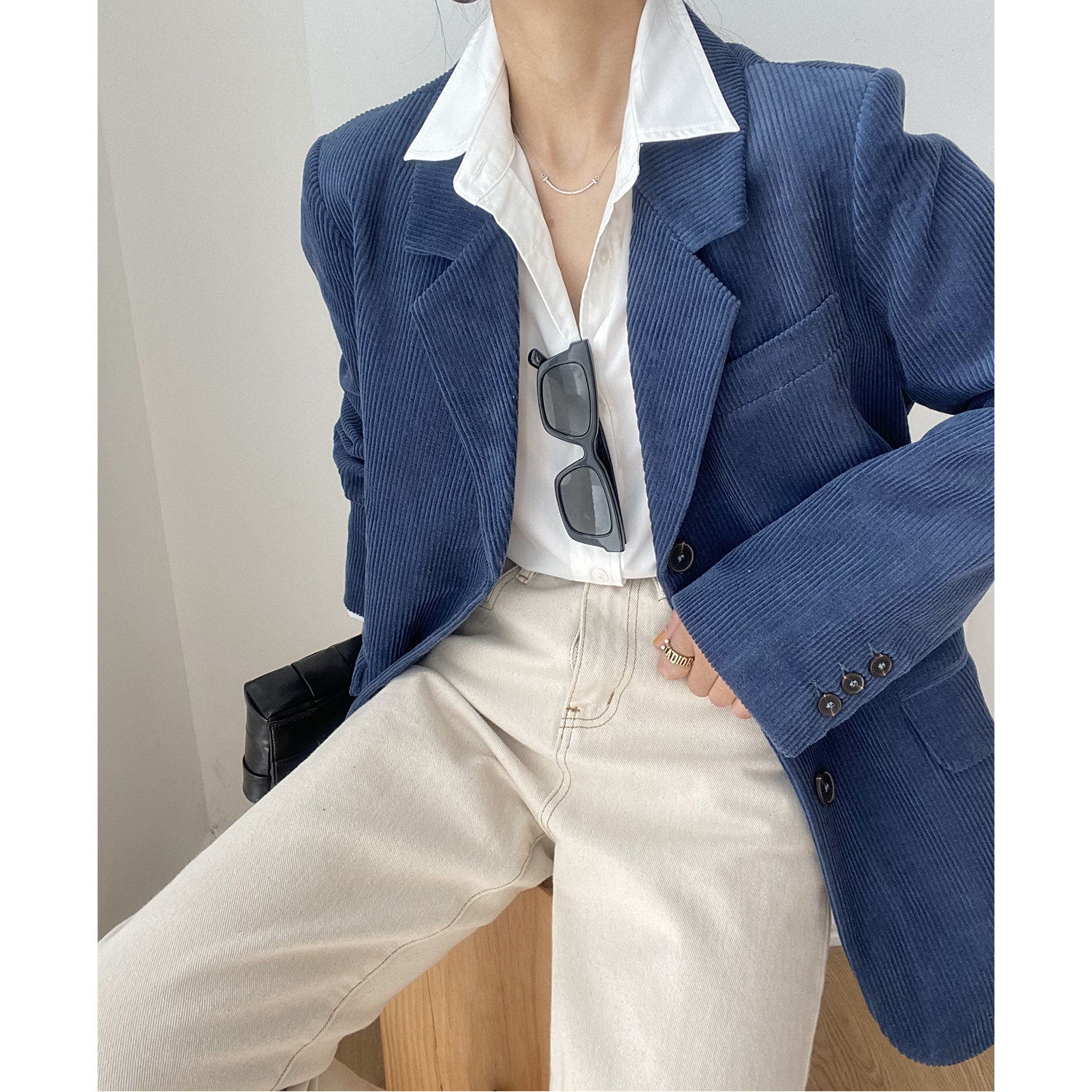Blue corduroy blazer women's retro wild Korean version loose temperament casual suit top 2021 autumn and winter