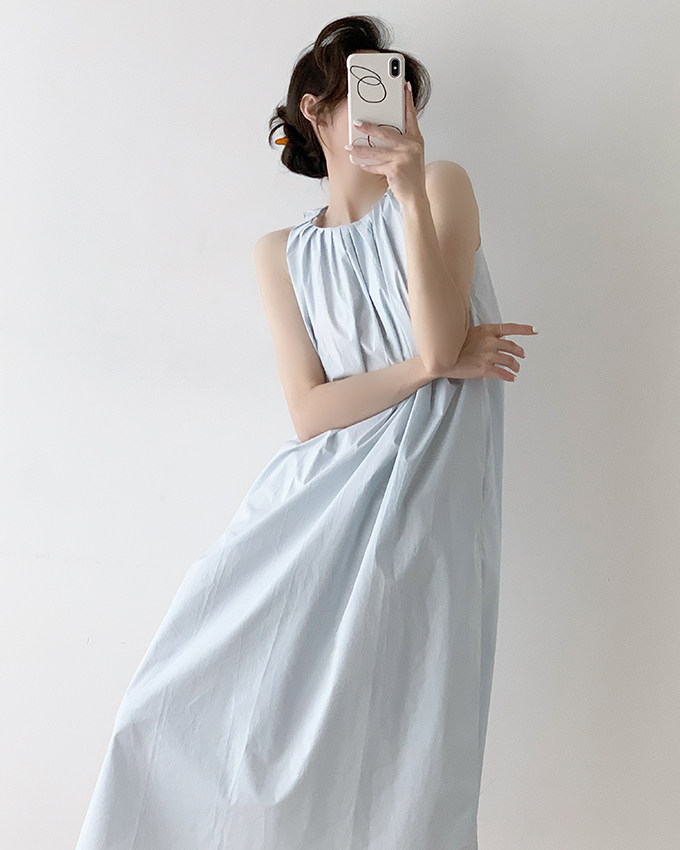 挂脖无袖连衣裙女度假宽松蓝色裙子法式复古吊带裙长裙高级感夏装详情17