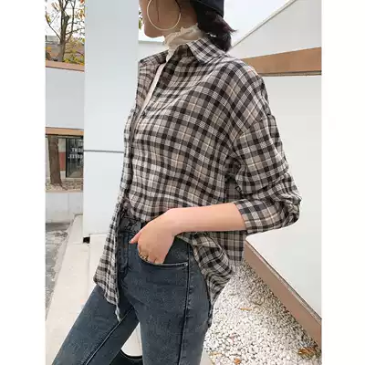 5 fold clearance French retro design sense niche shirt lazy shirt loose Curry colored plaid shirt women fold wear