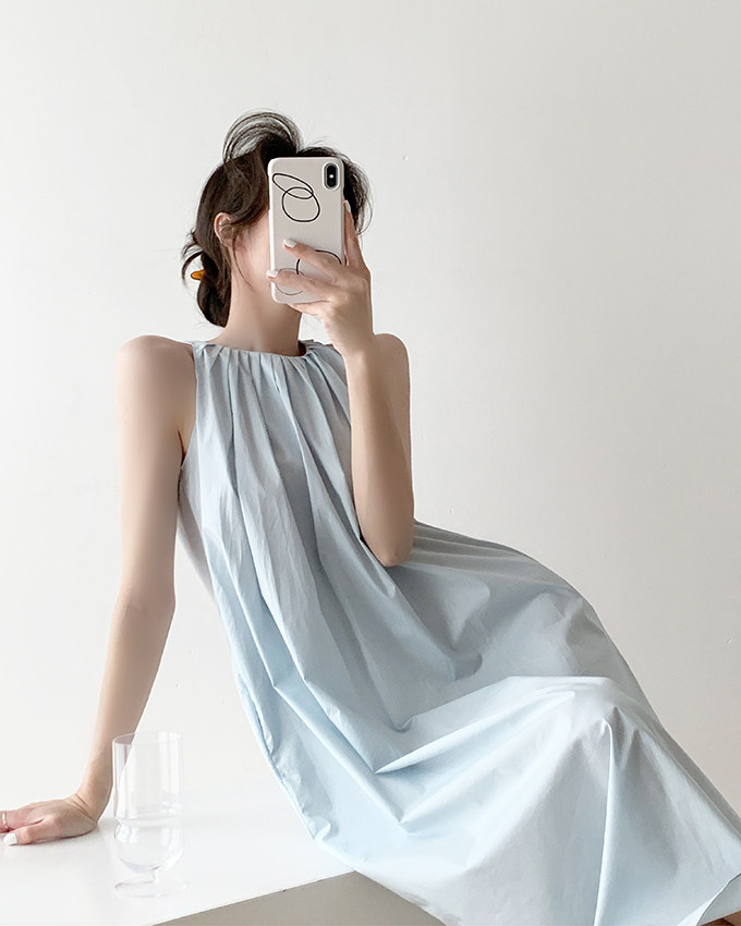 挂脖无袖连衣裙女度假宽松蓝色裙子法式复古吊带裙长裙高级感夏装详情22