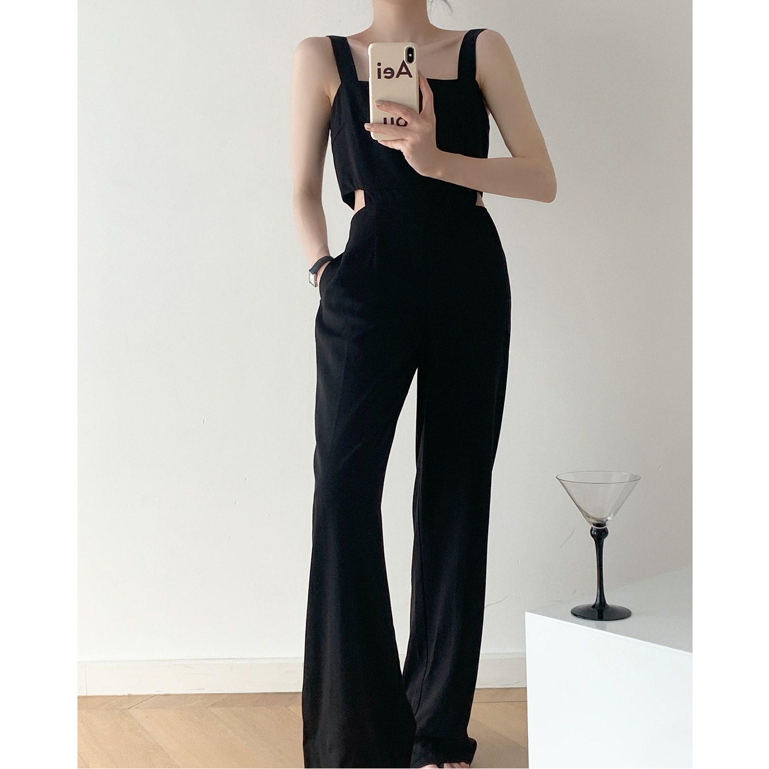 High-waist suspender jumpsuit women's summer 2021 straight wide-leg pants exposed waist thin and high women's pants strap jumpsuit thin