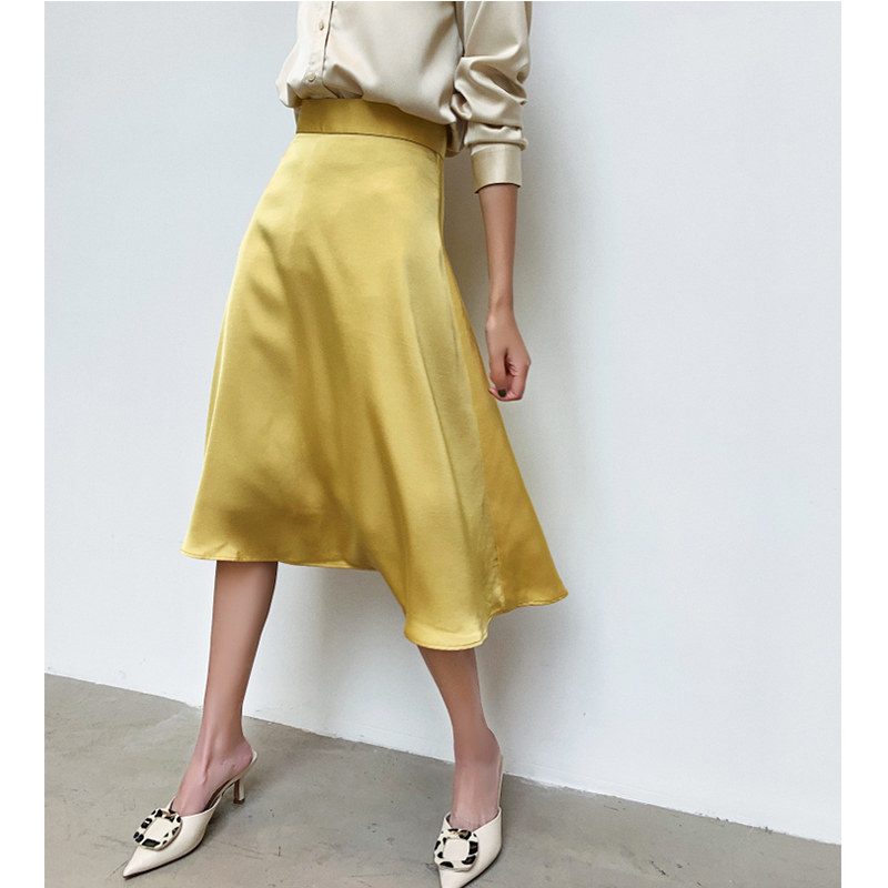 Yellow half body skirt high waist gentle cream yellow silvery matt satin slim over knee half body skirt A type umbrella skirt chic