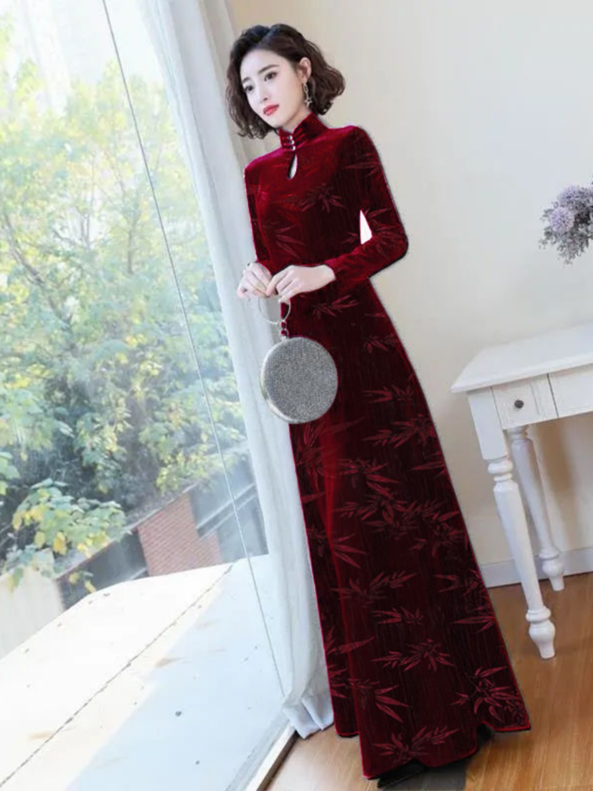 Demi-season retro dress, cheongsam, black burgundy long skirt, Chinese style, bright catchy style