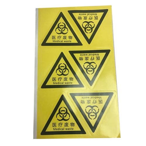 Medical waste label. Triangular yellow medical waste warning sign. Medical waste OEM