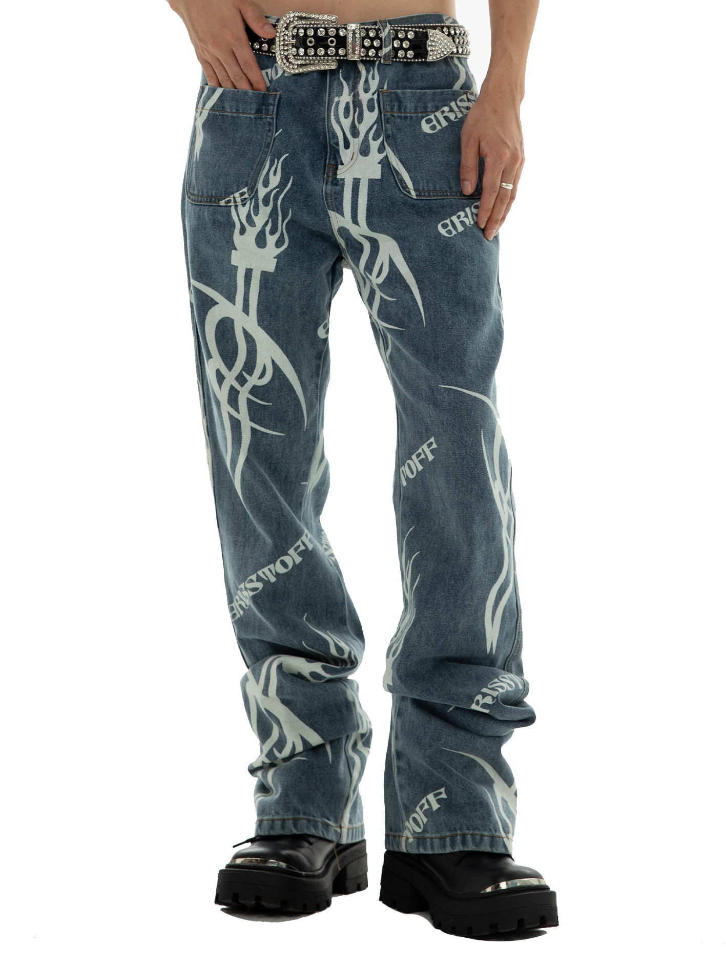 ERISSTOFF Y2K Millennial Punk Distressed Blue Flame Sword Full Fit 