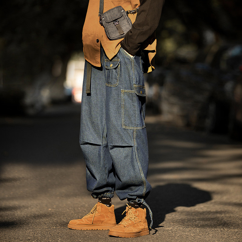 Purify the eye homemade trendy brand jeans men loose straight overalls Hip-hop wide-leg bunched jeans men