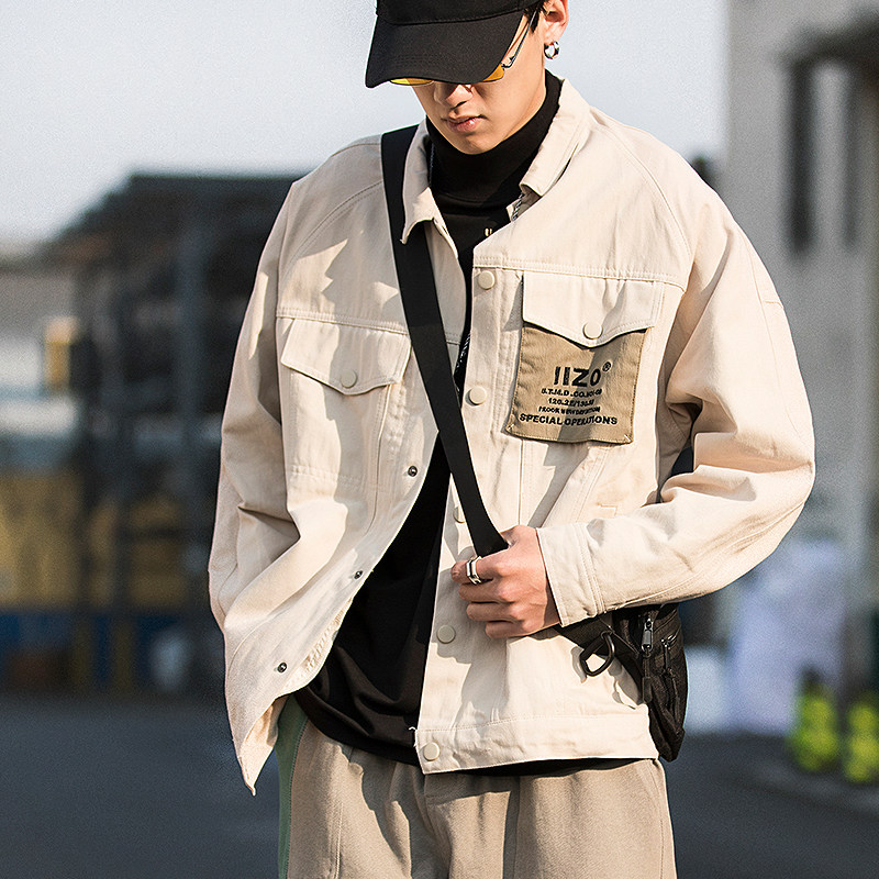 Purifying Eyeballs Autumn winter ins Tide Cards Tooling Jacket Men's Day Department Casual Loose Air Force Pilot Jacket