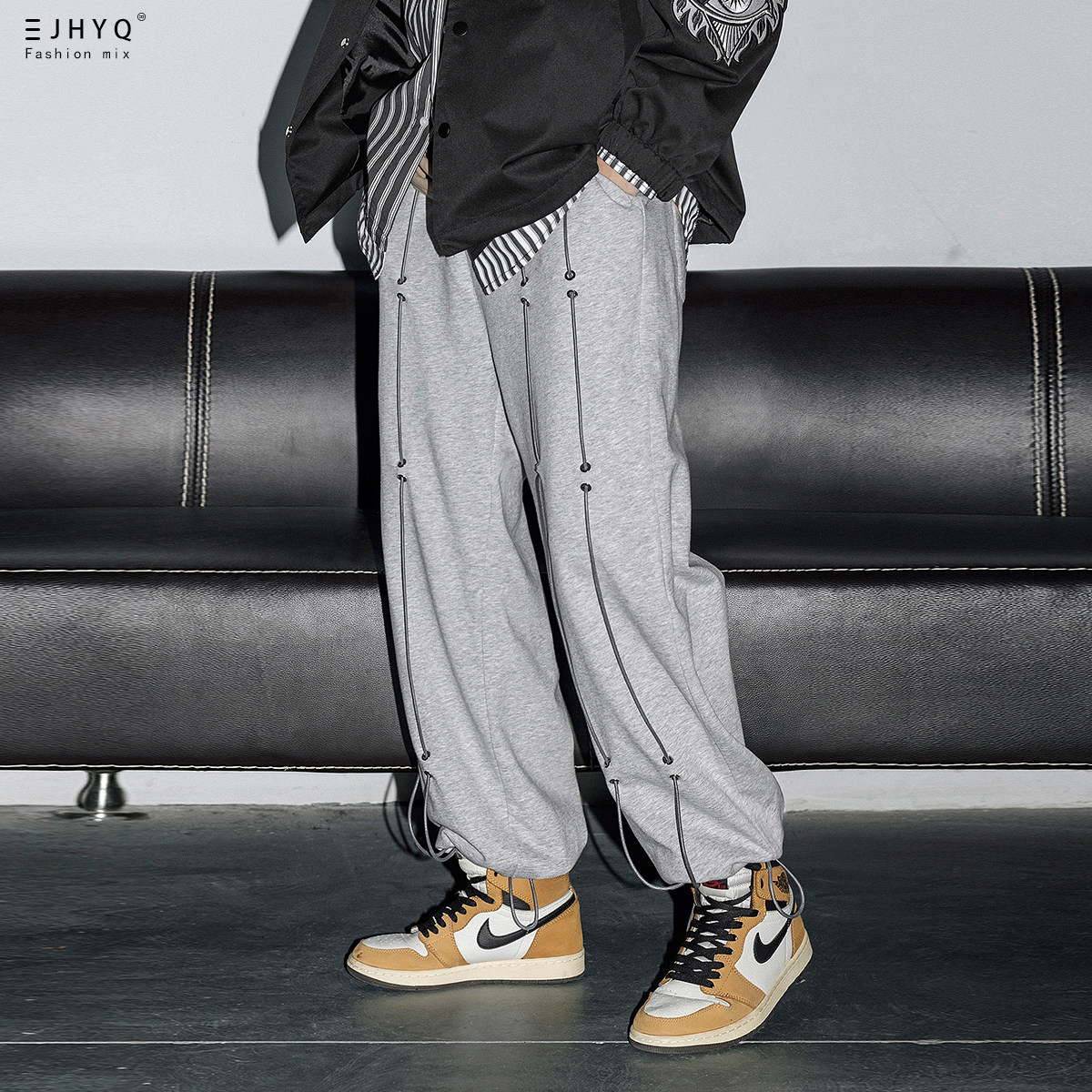 Purify eyeball Autumn Knitted Leisure Pants Men Tide Lax Decoration Drawing Straight Bench Feet Sports thick cotton pants