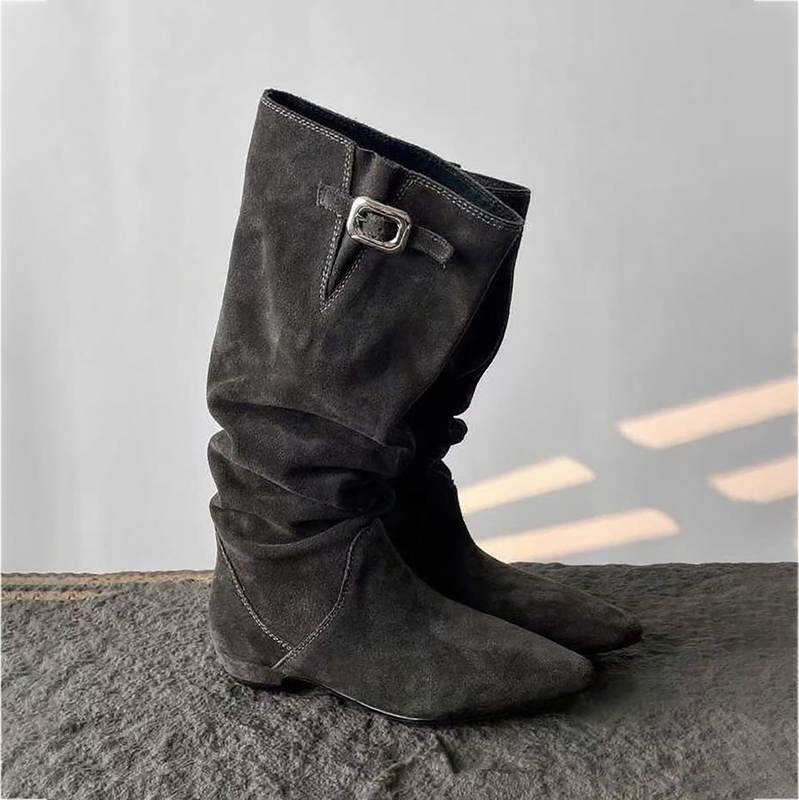 New Style Lazy Pleated Riding Boots, Stacked Boots with Belt Buckle, Slim Pointed Toe Mid-Calf Low-Heeled Retro High Boots New Style Lazy Pleated Riding Boots, Stacked Boots with Belt Buckle, Slim Pointed Toe Mid-Calf Low-Heeled Retro High Boots