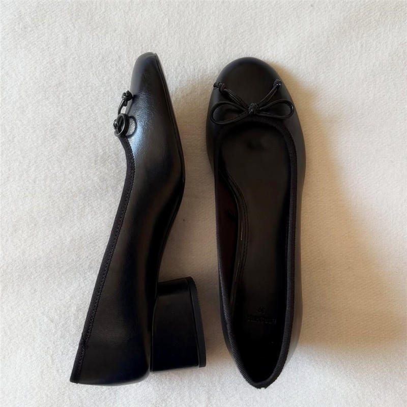 Rean Vivion French-Style Round-Toe Bowknot Chunky Heel Single Shoes Genuine Leather Shallow Shoes Gentle Commuting Ballet Shoes