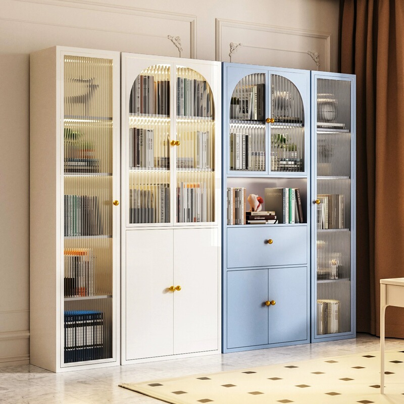 Cream-Style Bookcase with Glass Doors, Dustproof Bookshelf, Iron Art Display Cabinet for Living Room, Freestanding Home Bookshelf, Single Bookcase