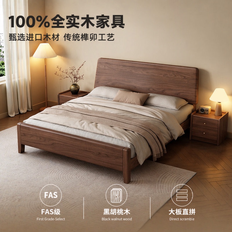 Pure Solid Wood Bed Modern Chinese Style Black Walnut Bed Bedroom 1.8m Double Bed Simple Home Use Large Bed 1.5m Bed Pure Solid Wood Bed Modern Chinese Style Black Walnut Bed Bedroom 1.8m Double Bed Simple Home Use Large Bed 1.5m Bed