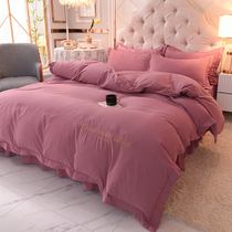 Princess style bed skirt four-piece set Cotton pure cotton ins Nordic quilt cover Girl heart brushed solid color bedding 4