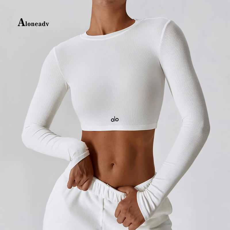 Aloneadv European and American Yoga Long-Sleeved T-Shirt Women's Tight-Fitting T-Shirt Spring and Summer Running Quick-Drying Sports Fitness White Top